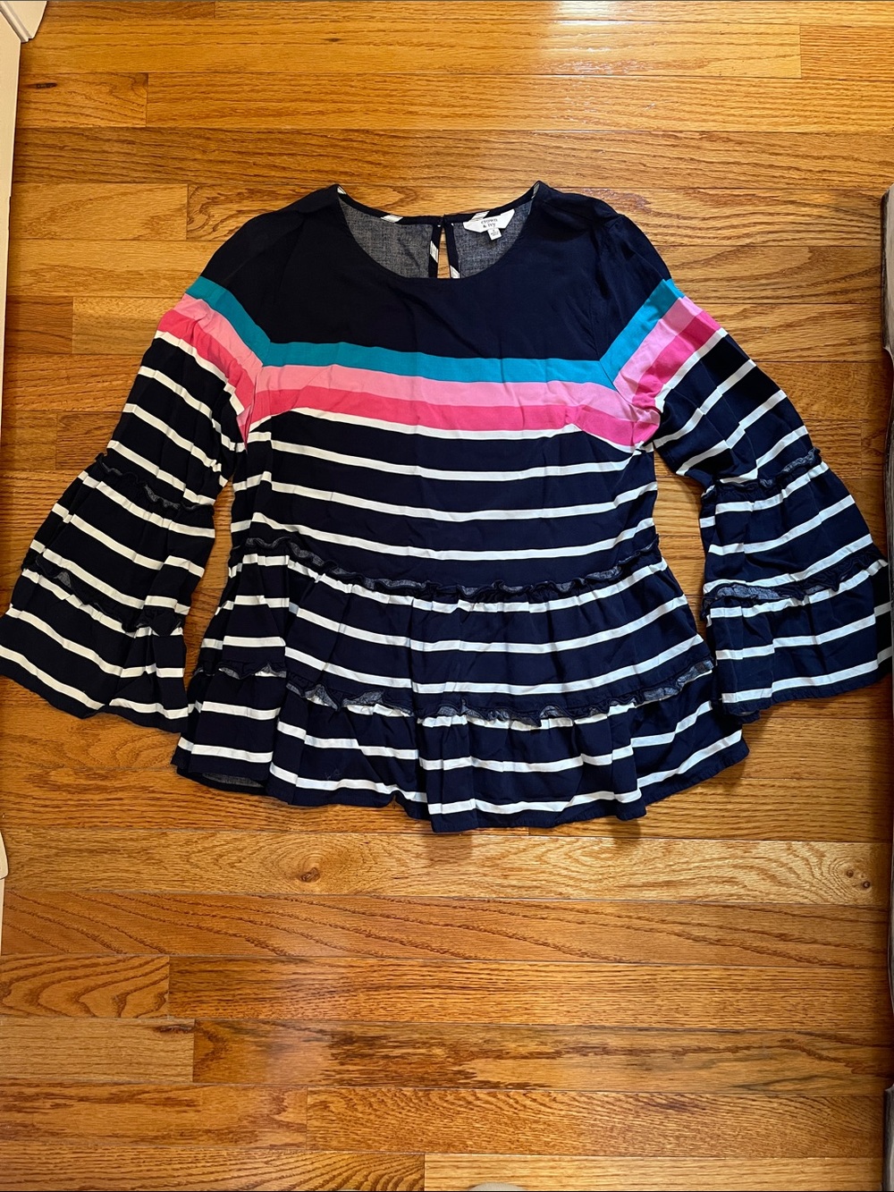 crown & ivy Striped Tiered Peplum Bell Sleeve Top Navy, White, Pink & Teal Sz S